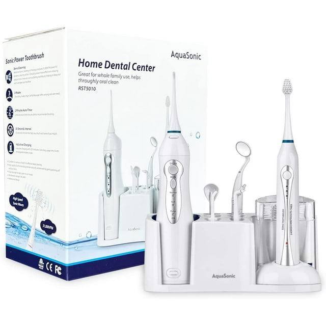 Aquasonic Home Dental Center - Electric Sonic Toothbrush & Smart Water Flosser Combo, 3 Cleaning Modes, Inductive Charging, Auto Timer, Complete Oral Care Kit for Family (White)