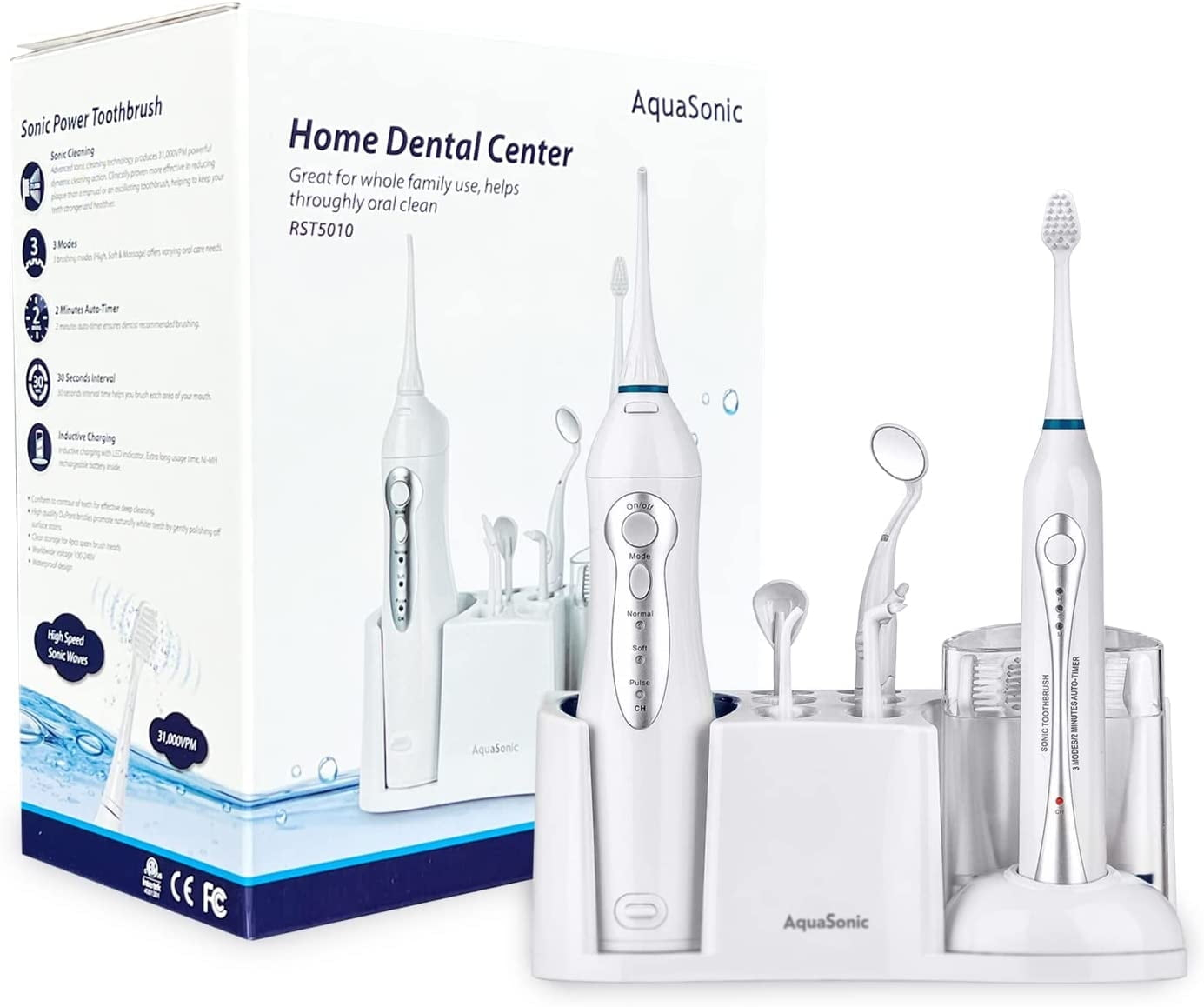 Aquasonic Home Dental Center - Electric Sonic Toothbrush & Smart Water Flosser Combo, 3 Cleaning Modes, Inductive Charging, Auto Timer, Complete Oral Care Kit for Family (White)