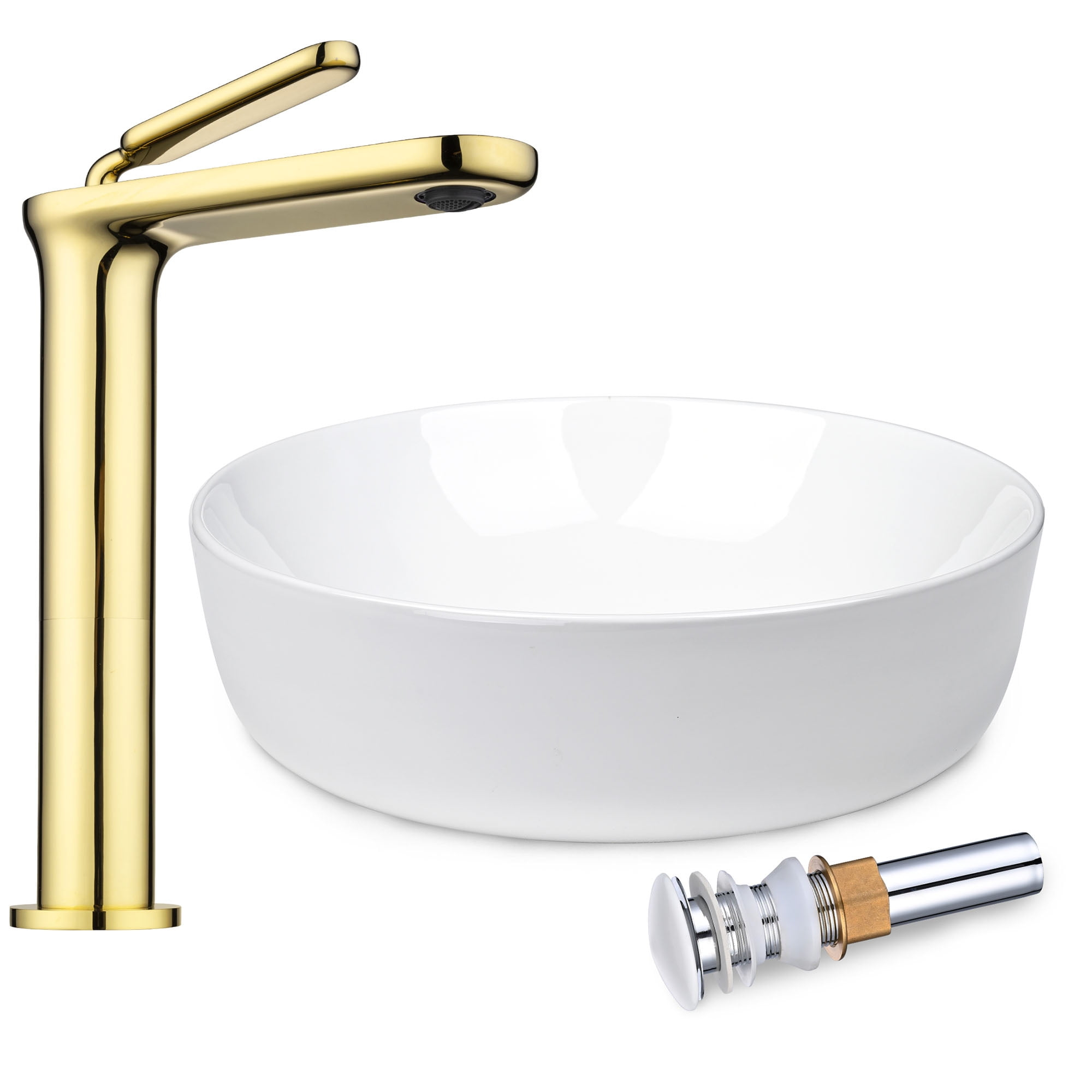 Aquaterior Bathroom Countertop Vessel Sink & 1 Hole Vanity Basin Mixer Faucet w/Pop Up Drain Kit Gold (CUPC NSF CEC)