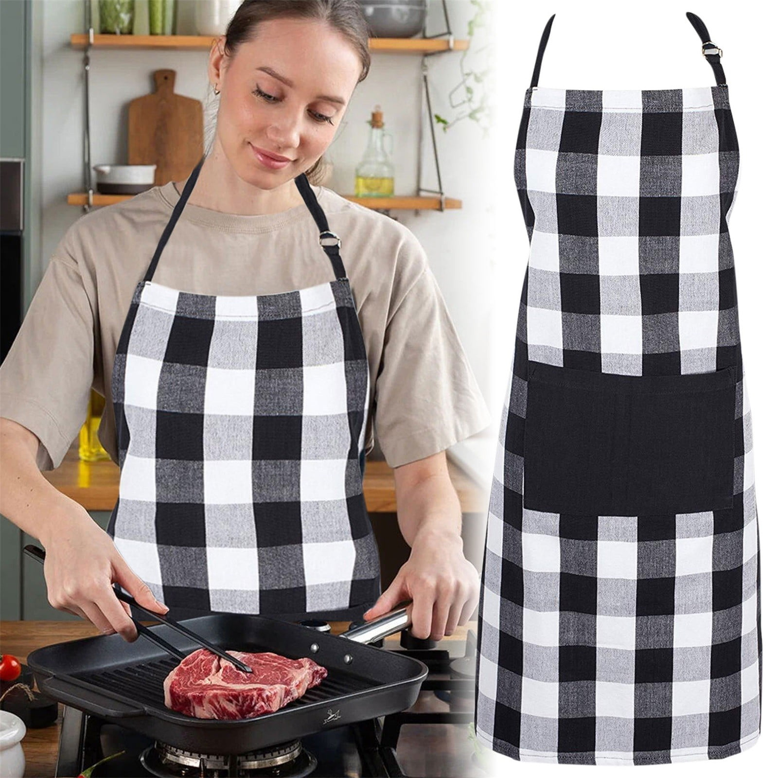 Farmhouse Living Buffalo Check Kitchen Apron with Pocket - 28" x 33" - Black/White - Elrene Home Fashions