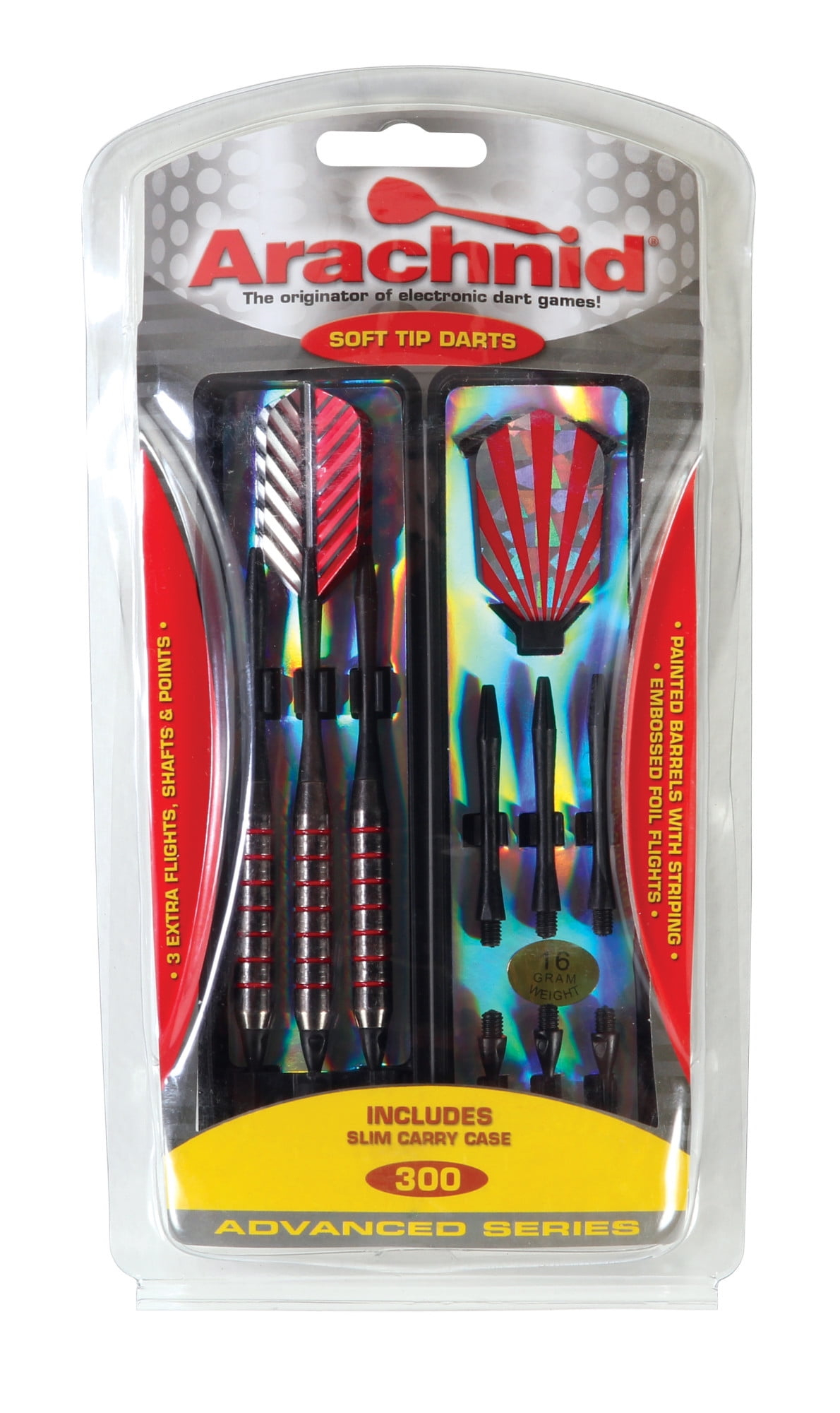 Arachnid Striped Soft Tip Dart Set with Coated Barrels, Embossed Flights, and Carrying Case (16-Gram)