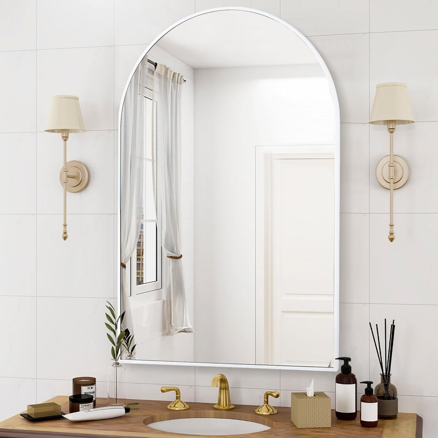 Arched White Bathroom Mirror,24 x 36 Inch Arch Wall Mirror with Wood Frame,Vanity Modern Tempered Glass Mirror for Bedroom,Entryway,Living Room