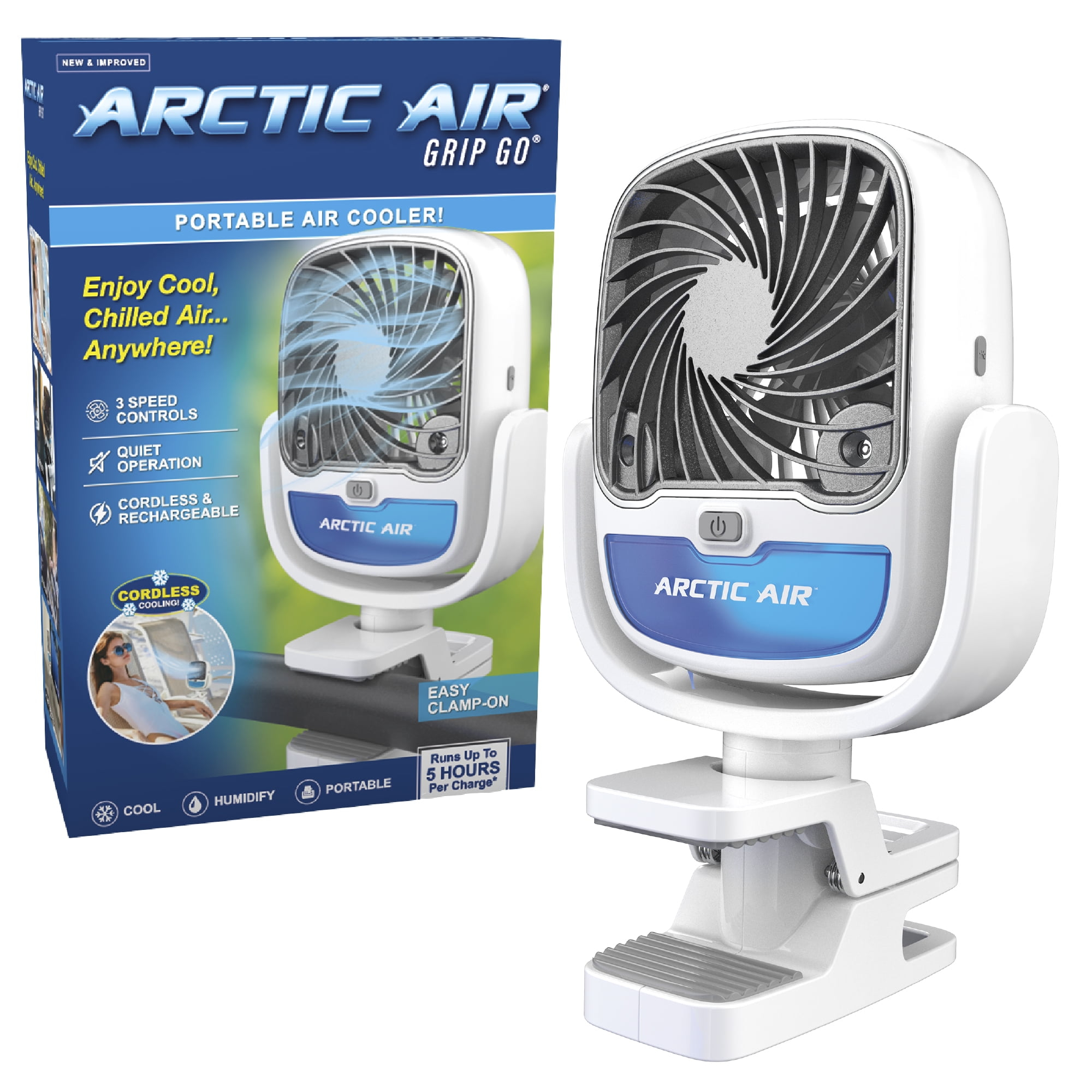 Arctic Air Grip Go Portable Evaporative Air Cooler, Rechargeable Cooling Fan, Clamp-on Space Cooler