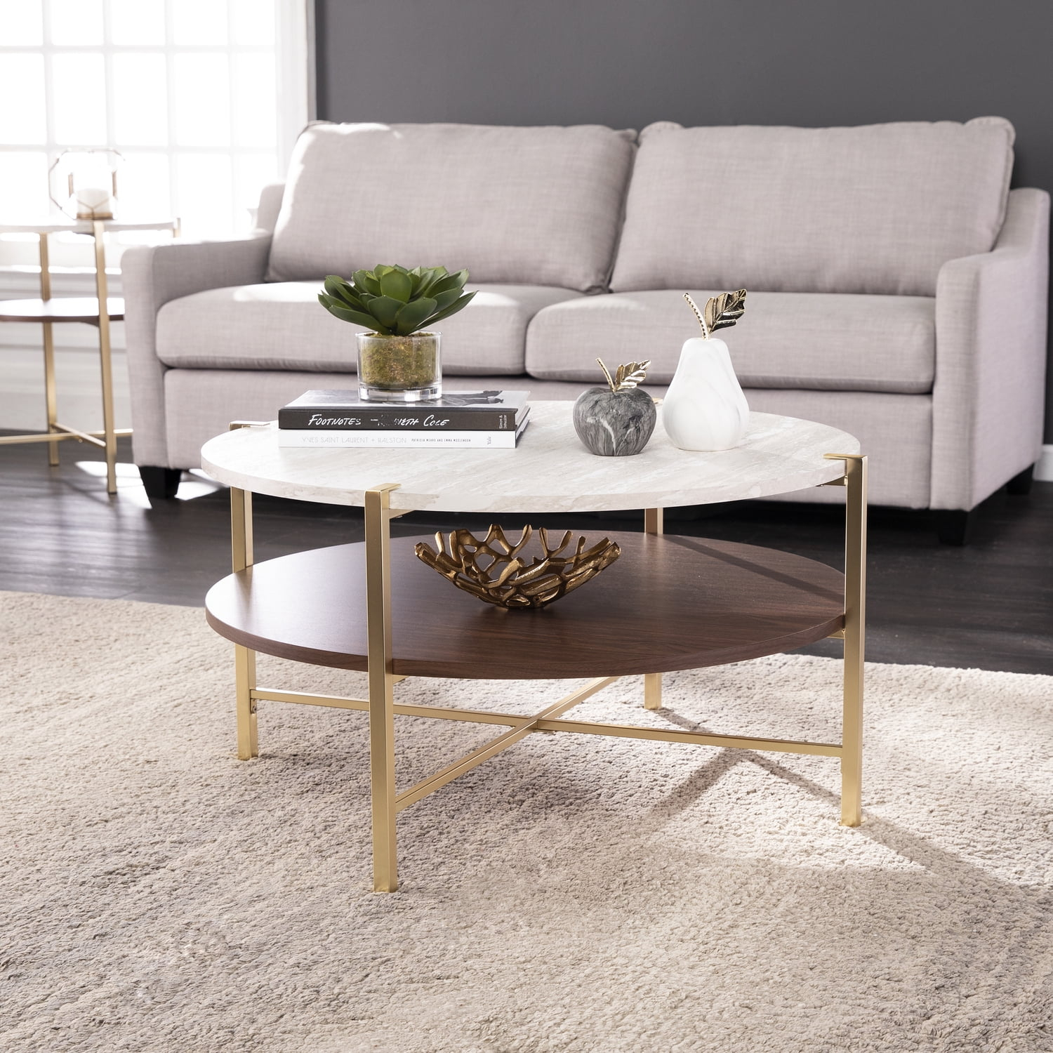 Ardmillan 2-Tier Round Faux Marble-Top Cocktail Table in Brass/Dark Tobacco