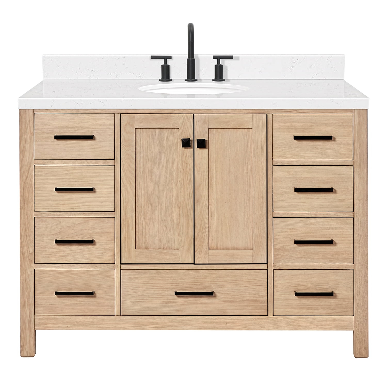 ARIEL Cambridge 48 Inch Single Oval Sink Bathroom Vanity With Carrara White Quartz Countertop 1.5 Inch Edge In Oak