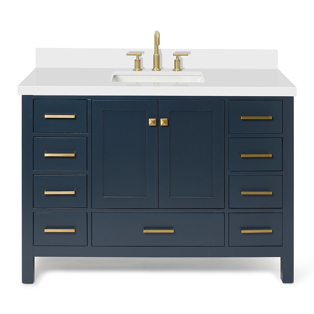 ARIEL 49" Bathroom Vanity with 1.5" Edge Pure White Quartz Countertop & Backsplash, Center Rectangular Sink, 2 Soft Closing Doors, 9 Full Extension Dovetail Drawers, Brushed Nickel - Midnight Blue