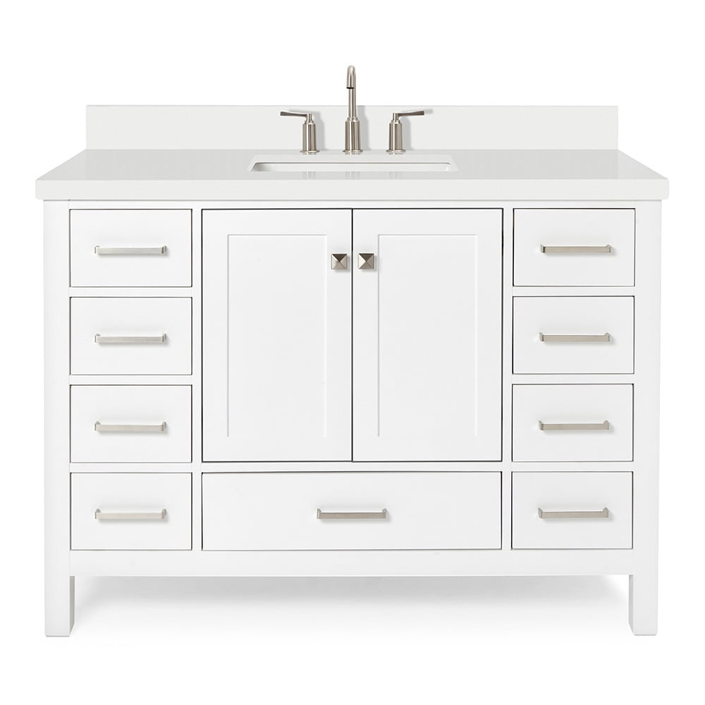 ARIEL 49" Bathroom Vanity with 1.5" Edge Pure White Quartz Countertop & Backsplash, Center Rectangular Sink, 2 Soft Closing Doors, 9 Full Extension Dovetail Drawers, Brushed Nickel - White