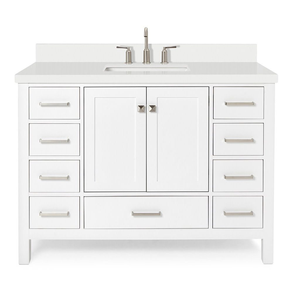 ARIEL 49" Bathroom Vanity with 1.5" Edge Pure White Quartz Countertop & Backsplash, Center Rectangular Sink, 2 Soft Closing Doors, 9 Full Extension Dovetail Drawers, Brushed Nickel - White