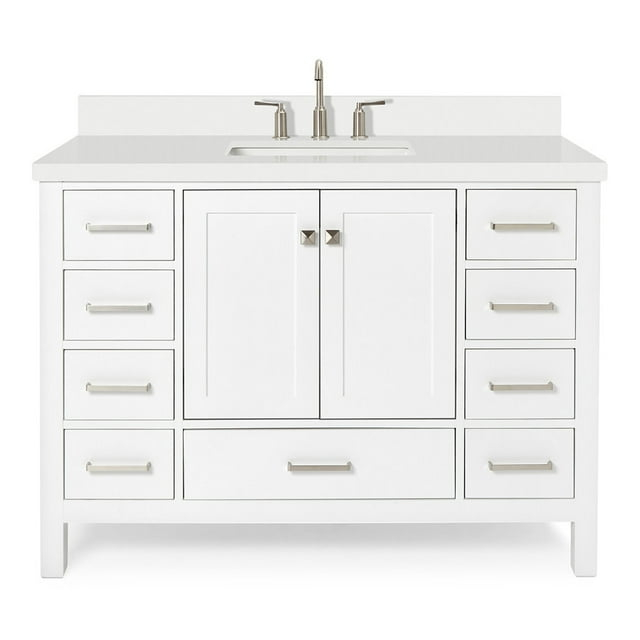 ARIEL 49" Bathroom Vanity with 1.5" Edge Pure White Quartz Countertop & Backsplash, Center Rectangular Sink, 2 Soft Closing Doors, 9 Full Extension Dovetail Drawers, Brushed Nickel - White