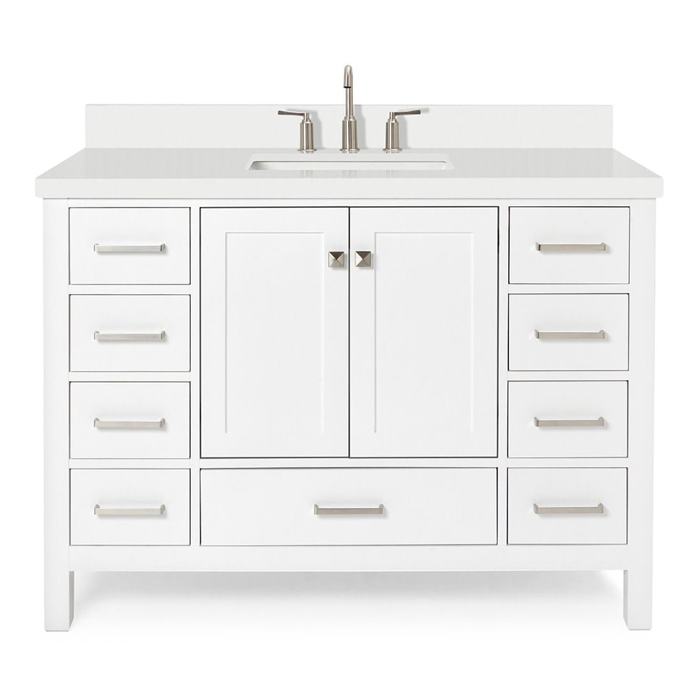 ARIEL 49" Bathroom Vanity with 1.5" Edge Pure White Quartz Countertop & Backsplash, Center Rectangular Sink, 2 Soft Closing Doors, 9 Full Extension Dovetail Drawers, Brushed Nickel - White