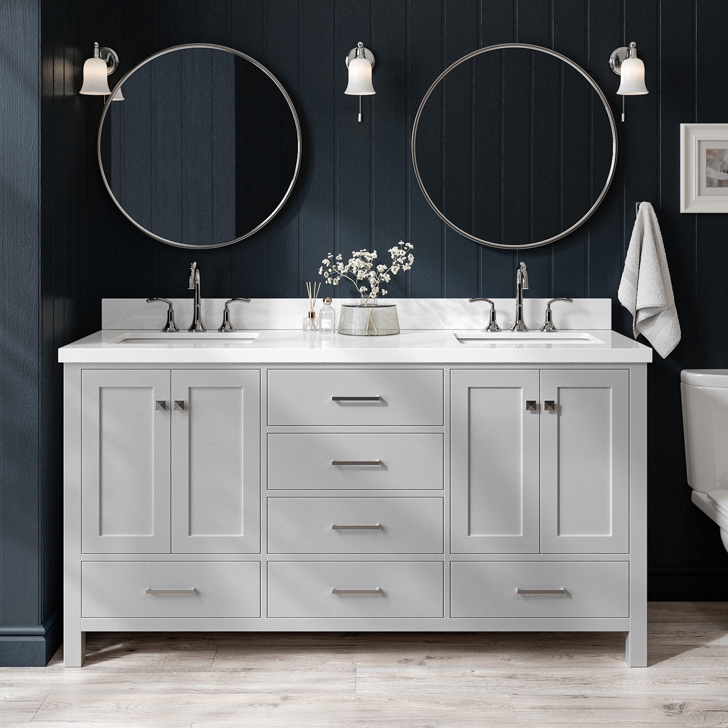 ARIEL 67" Grey Double Bathroom Vanity with 1.5" Edge Pure White Quartz Countertop & Backsplash, 2 Rectangular Sinks, 4 Soft Closing Doors, 6 Full Extension Dovetail Drawers, Brushed Nickel