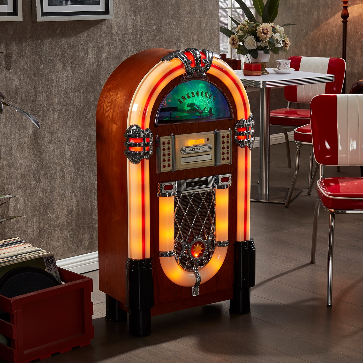 Arkrocket Taurus Jukebox Vinyl Record Player Bluetooth USB SD CD Player Radio Retro Turntable Classic Jukebox (Taurus - Classic)