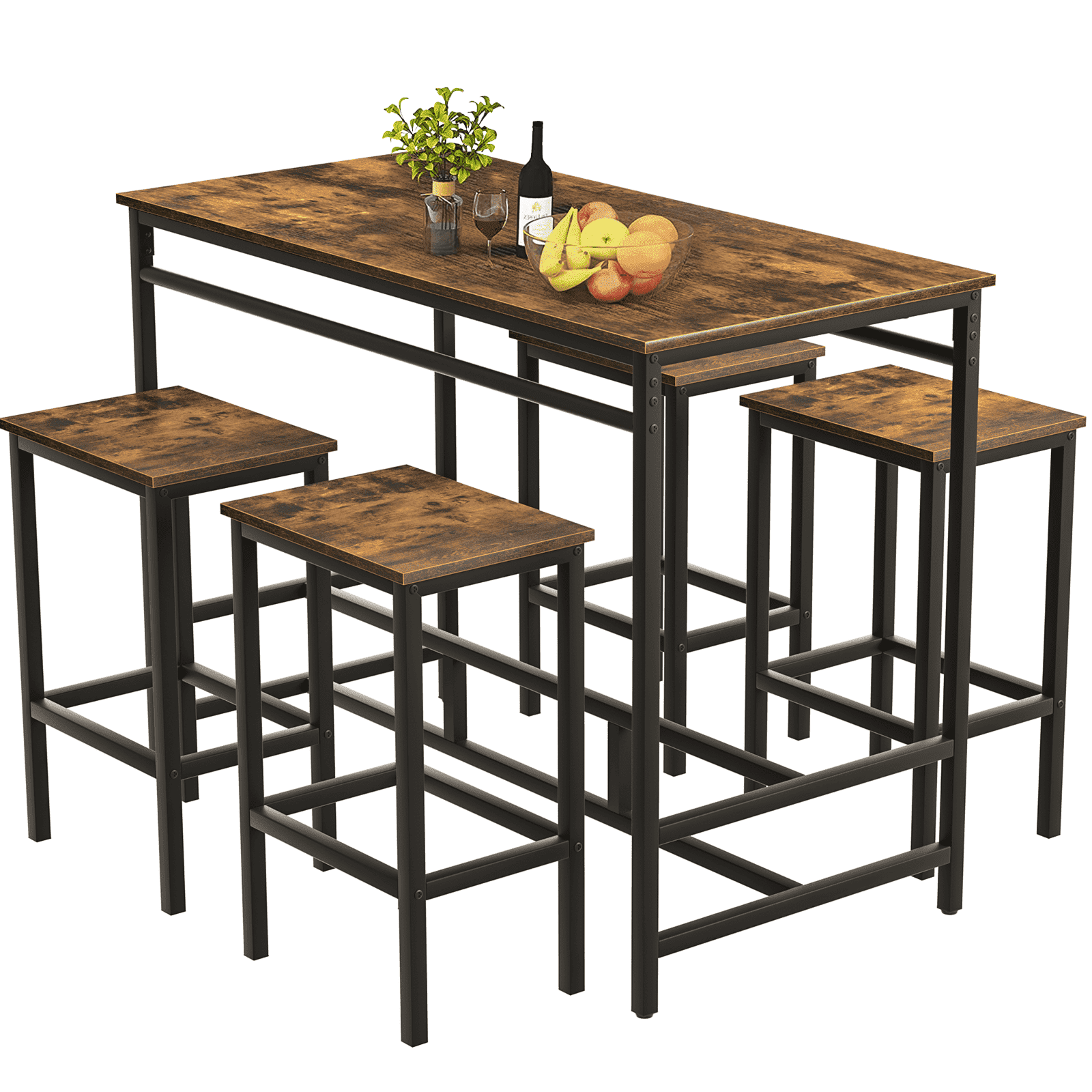 Counter Height Bar Table Set, 5 Piece Dining Table Set, Modern Pub Table with 4 Stools, Home Dining Table and Stools Set, 4-Person Kitchen Breakfast Table Set, Rustic Brown, D8995