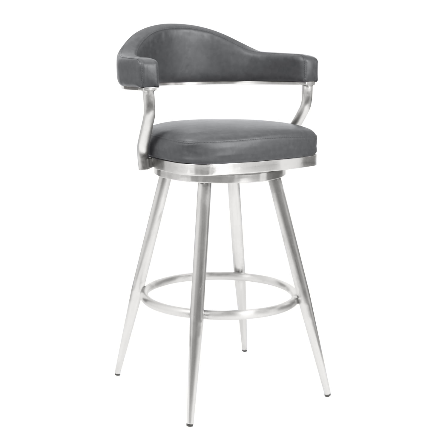 Homestock Baroque Bonanza 30" Bar Height Barstool in Brushed Stainless Steel and Gray Faux Leather