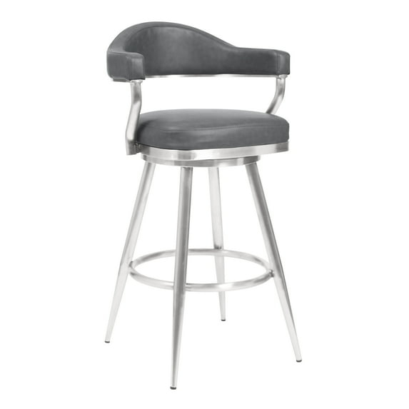 Homestock Baroque Bonanza 30" Bar Height Barstool in Brushed Stainless Steel and Gray Faux Leather