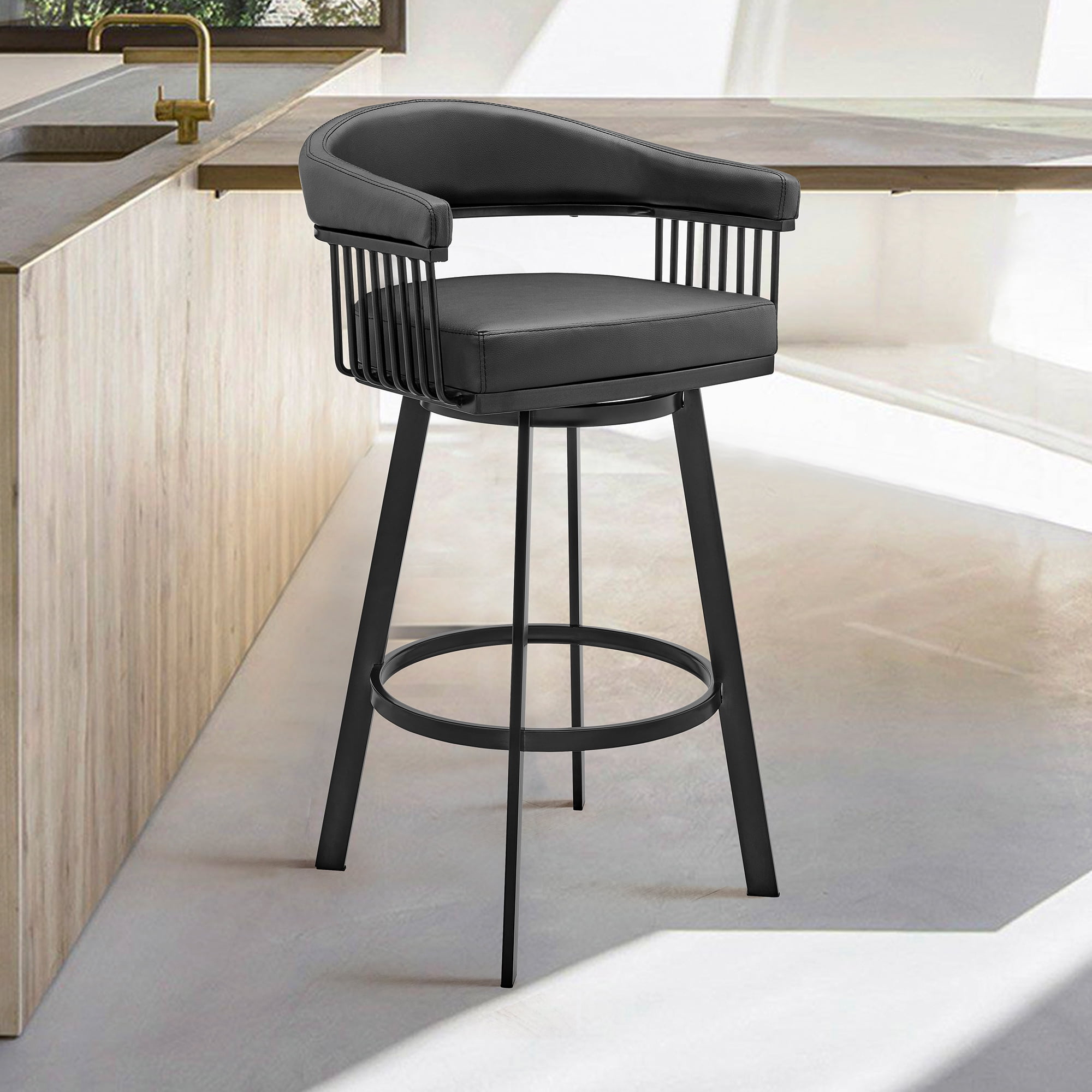 Armen Living Indoor Bronson 25" Counter Height Swivel Bar Stool in Black Finish and Black Faux Leather