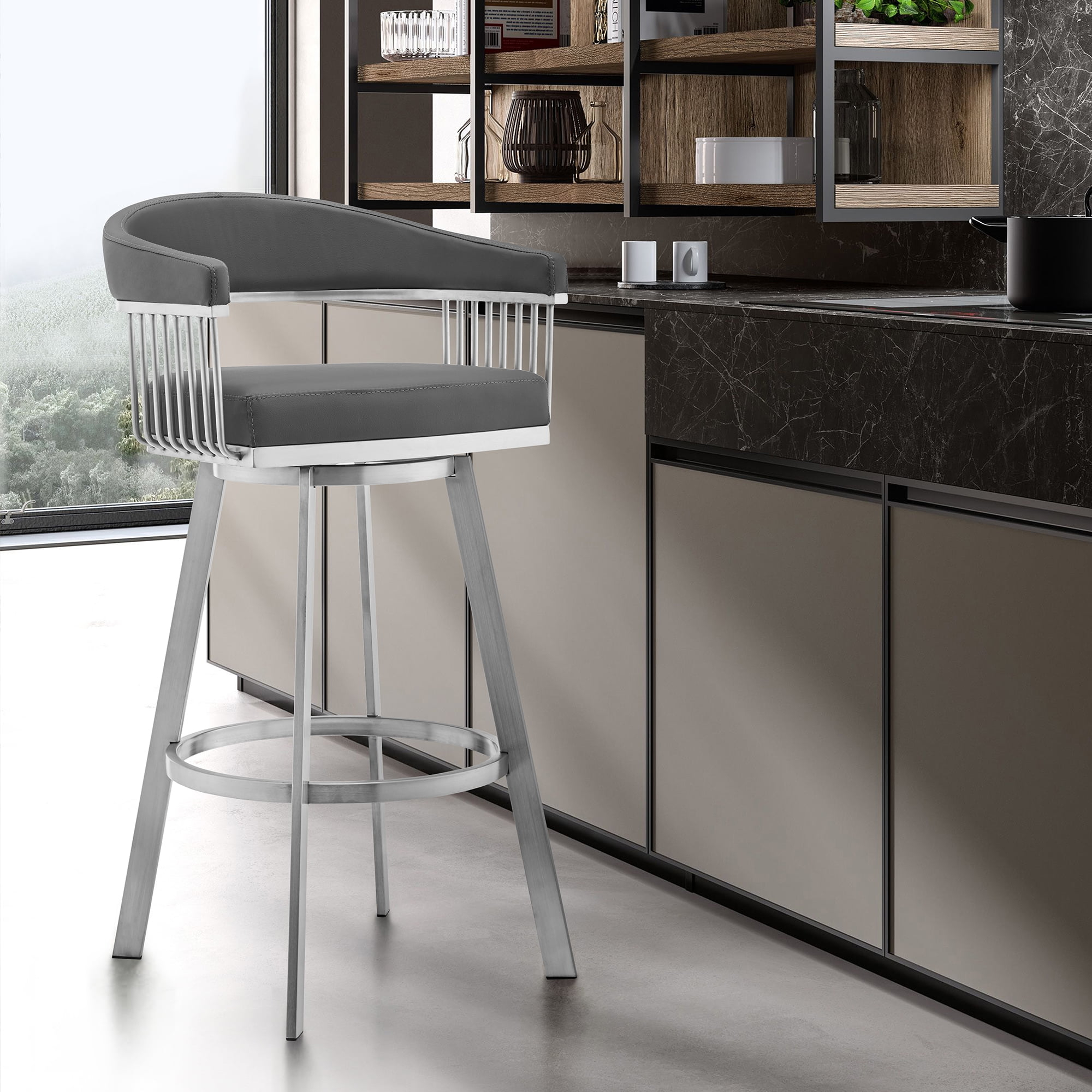 Armen Living Indoor Bronson 29" Gray Faux Leather and Brushed Stainless Steel Swivel Bar Stool