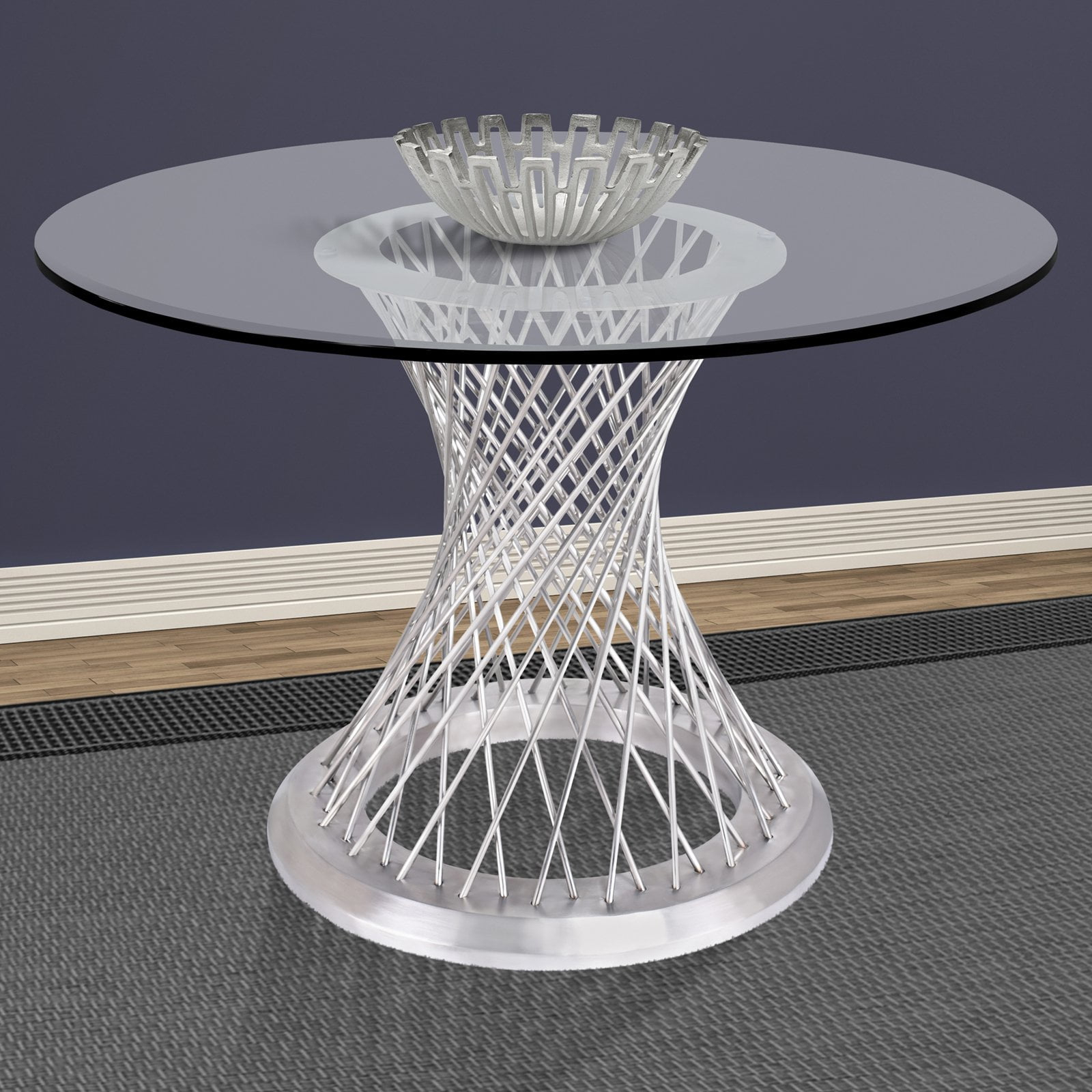 Armen Living Calypso Contemporary Dining Table in Brushed Stainless Steel with Clear Tempered Glass Top