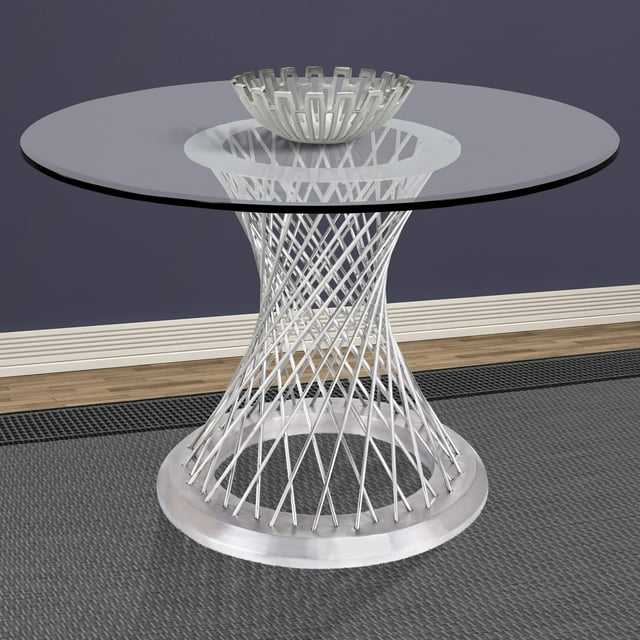 Armen Living Calypso Contemporary Dining Table in Brushed Stainless Steel with Clear Tempered Glass Top