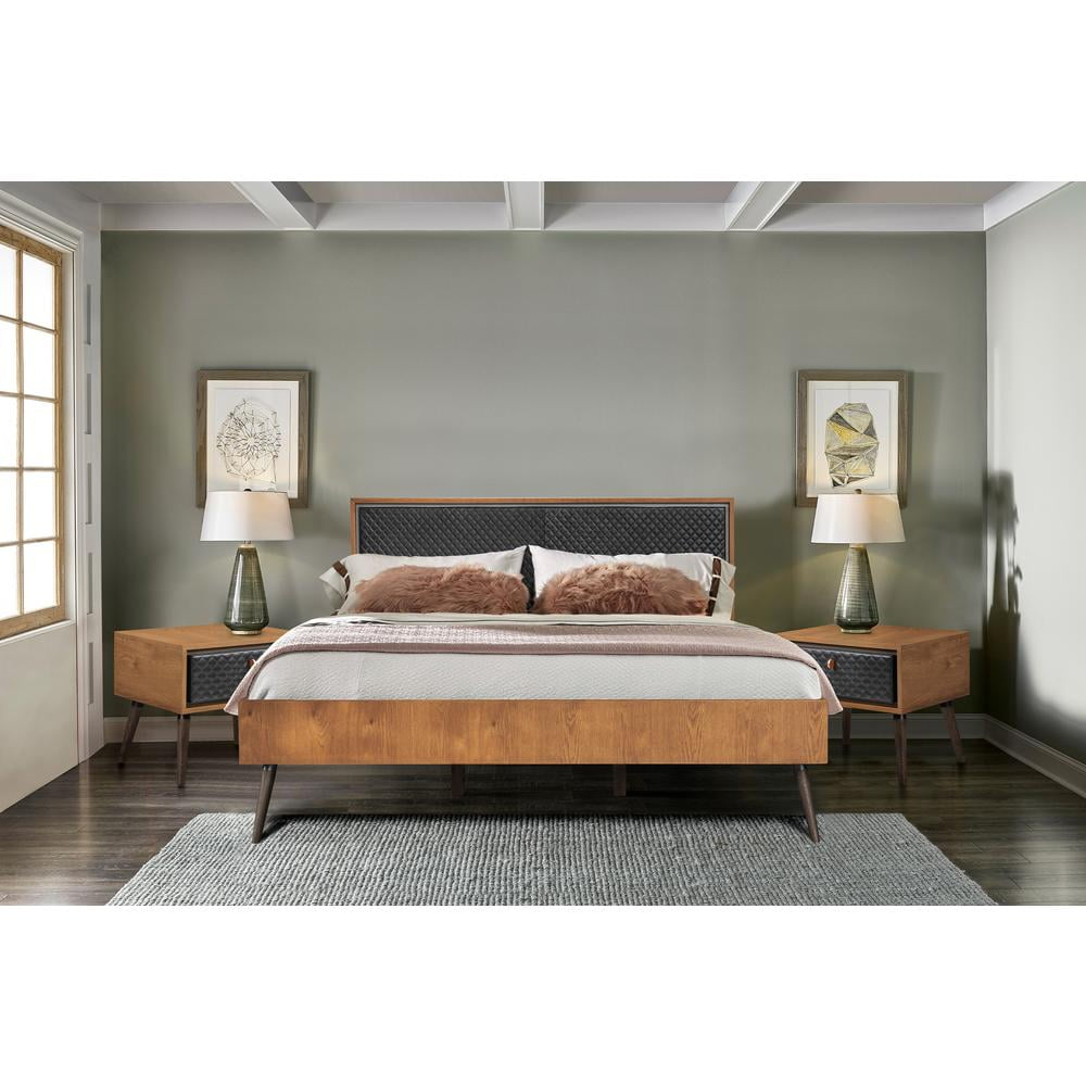 Coco Rustic 3 Piece Upholstered Platform Bedroom Set in King Size with 2 Nightstands