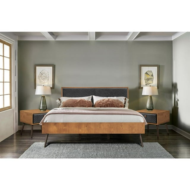 Coco Rustic 3 Piece Upholstered Platform Bedroom Set in King Size with 2 Nightstands