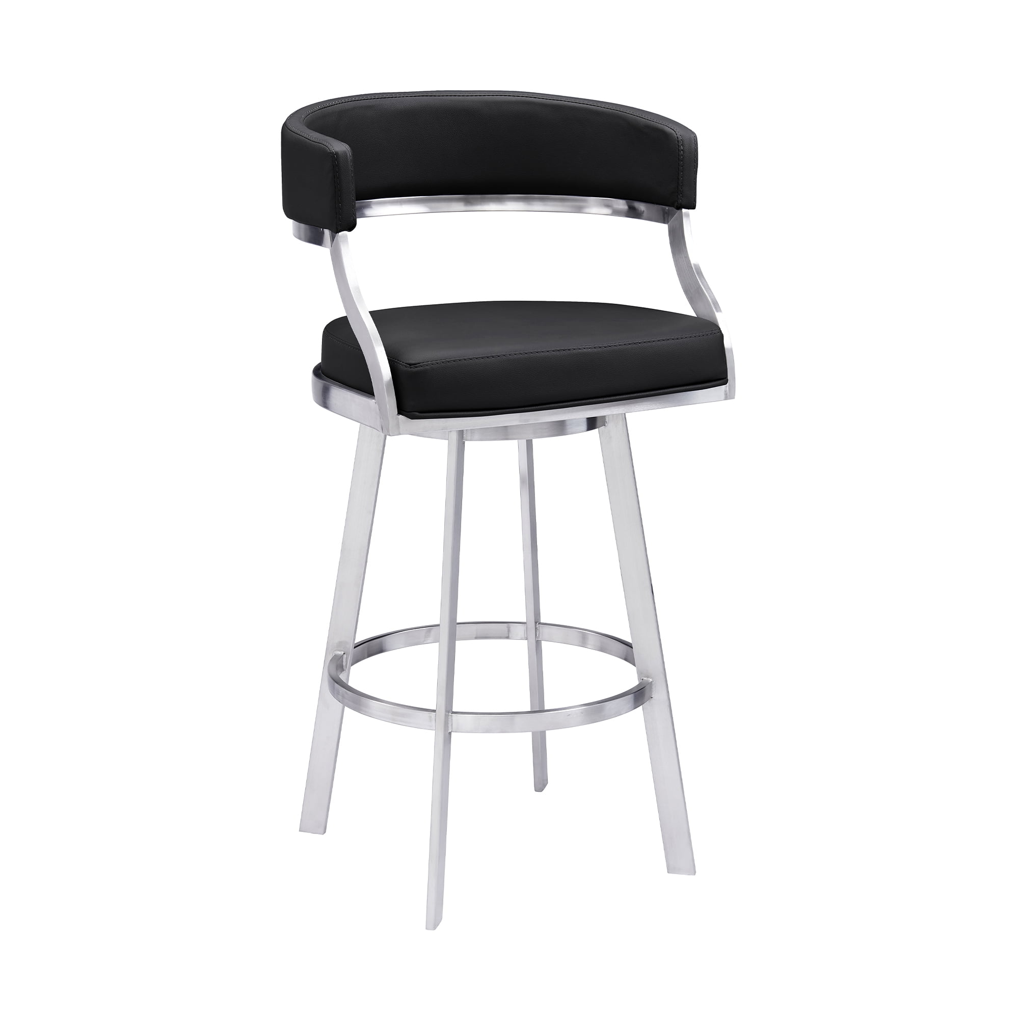Dione 30" Seat Height Swivel Black Faux Leather and Brushed Stainless Steel Bar Stool for Kitchen Island Counter