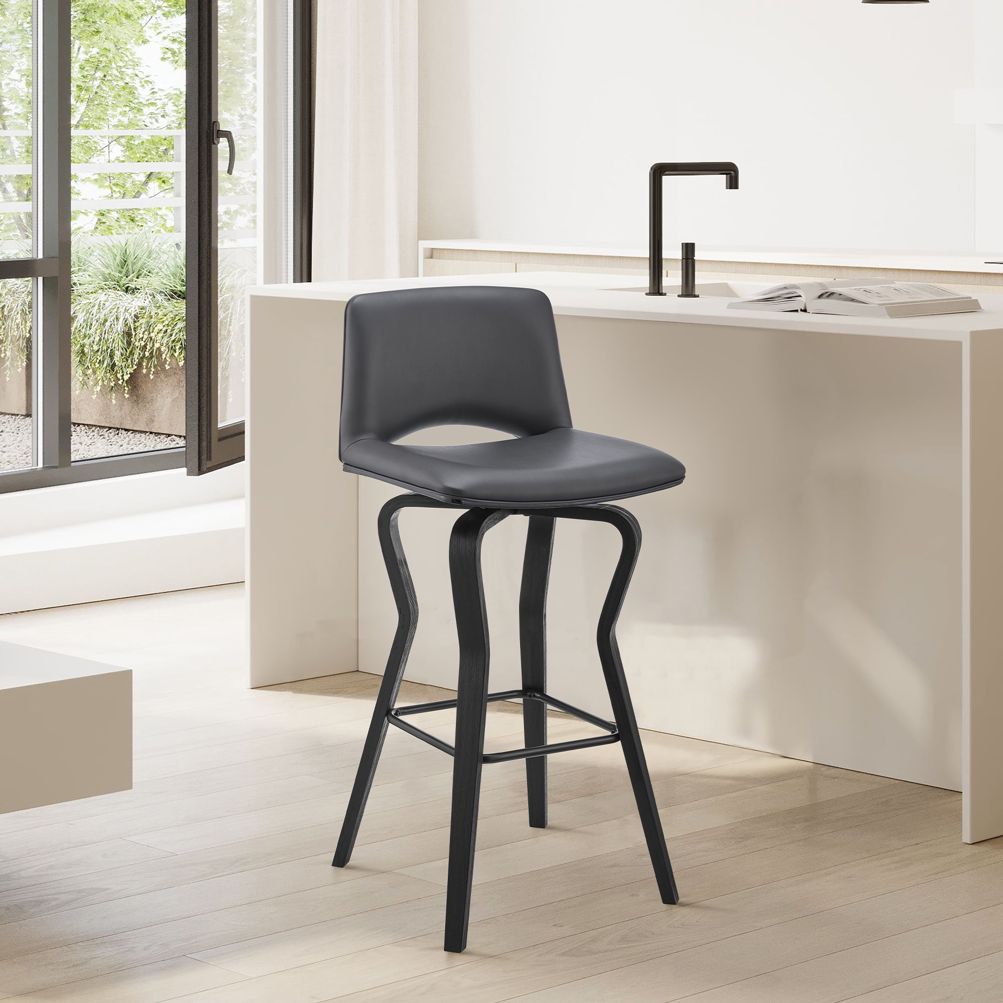 Armen Living Gerty 30" Faux Leather & Wood Swivel Bar Stool in Gray/Black