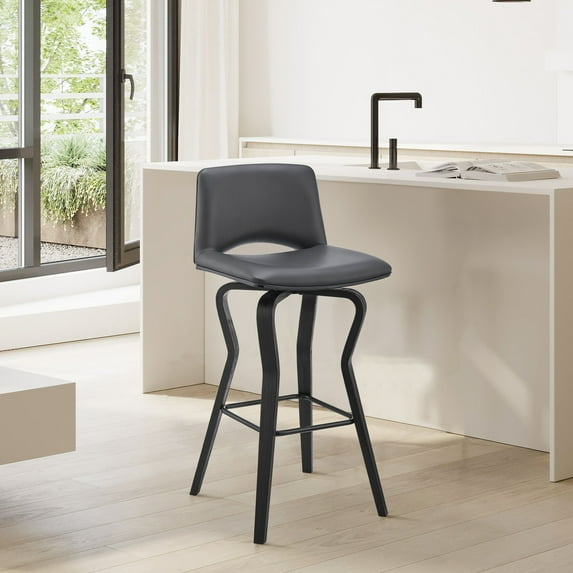 Armen Living Gerty 30" Faux Leather & Wood Swivel Bar Stool in Gray/Black