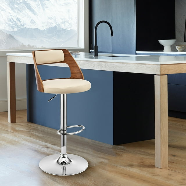 Armen Living Itzan 25-33" Faux Leather/Wood Swivel Bar Stool in Cream/Walnut