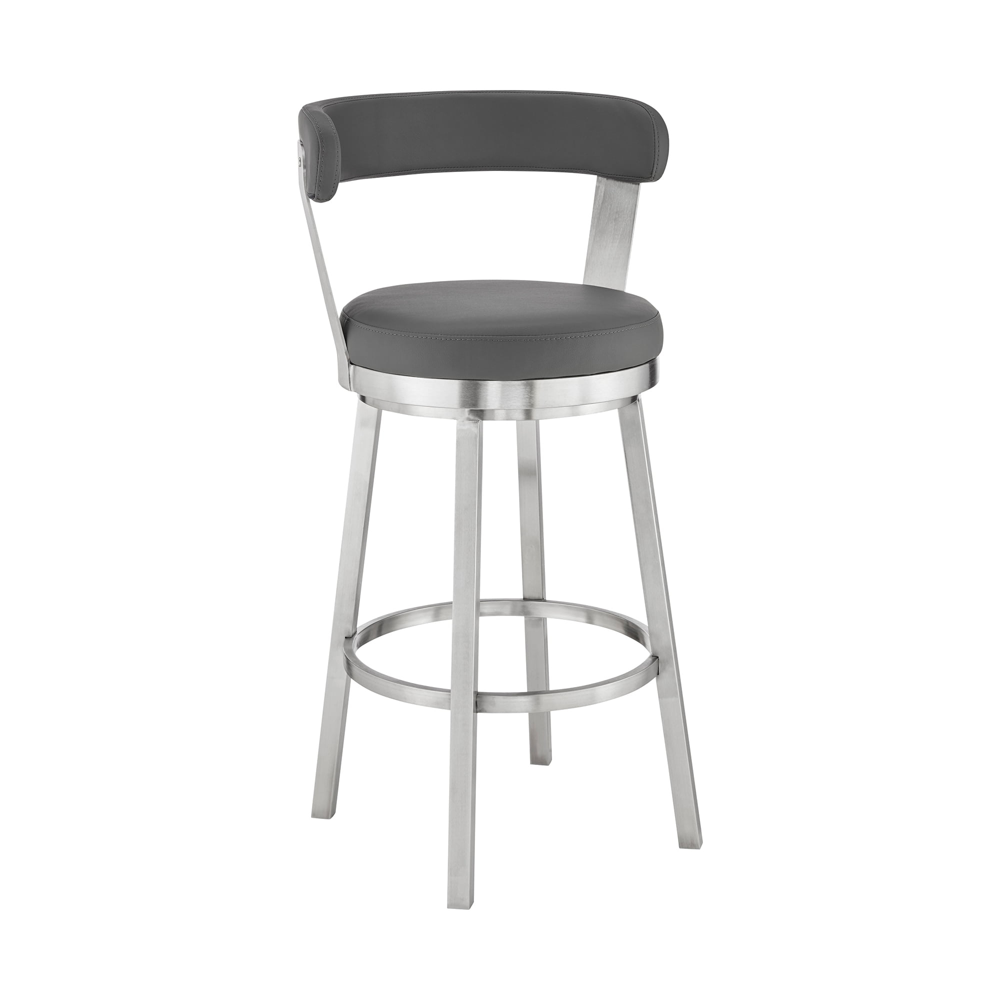 Armen Living Indoor Kobe 30" Bar Height Swivel Bar Stool in Brushed Stainless Steel Finish and Black Faux Leather