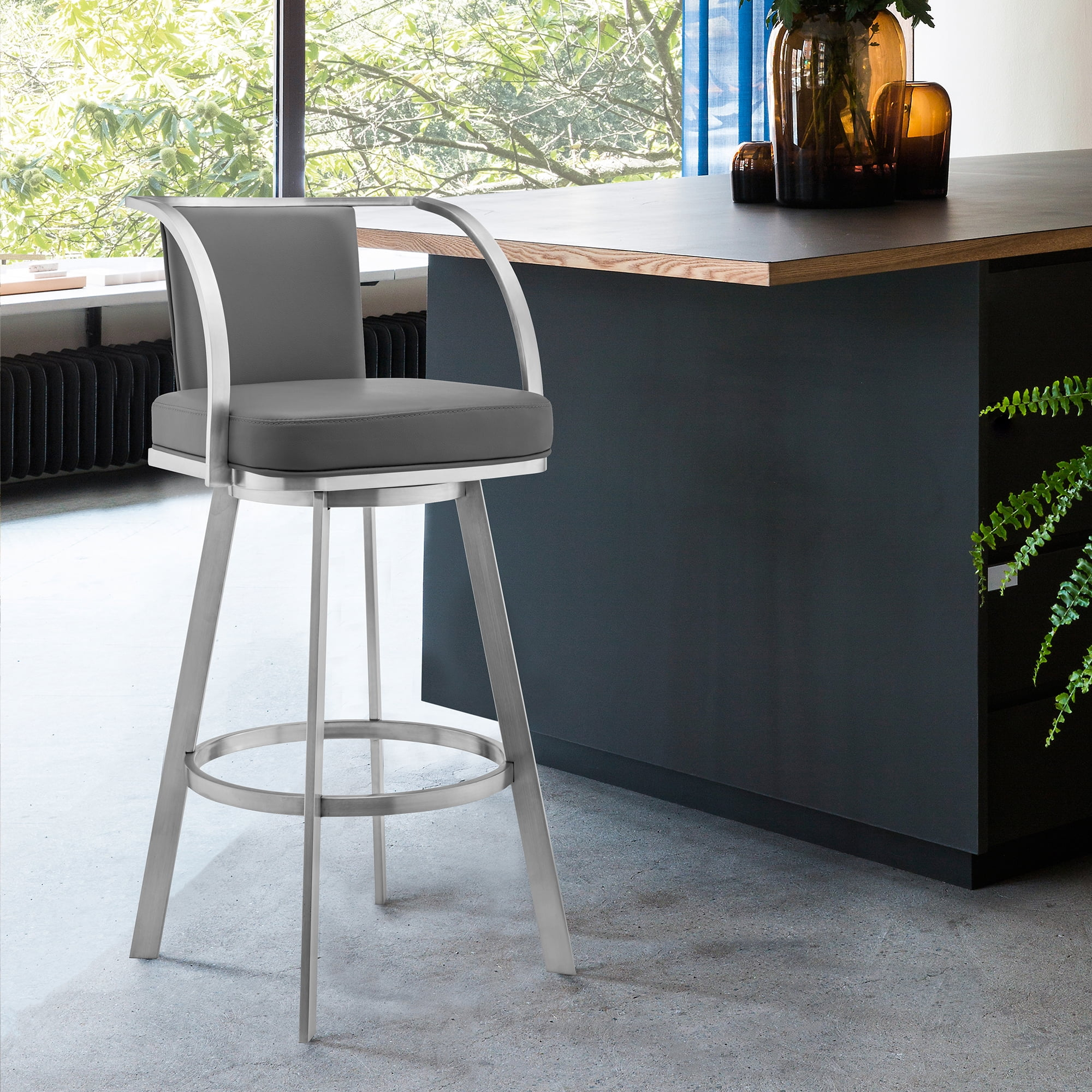 Armen Living Livingston Bar Stool with 360-Degree Swivel, Gray