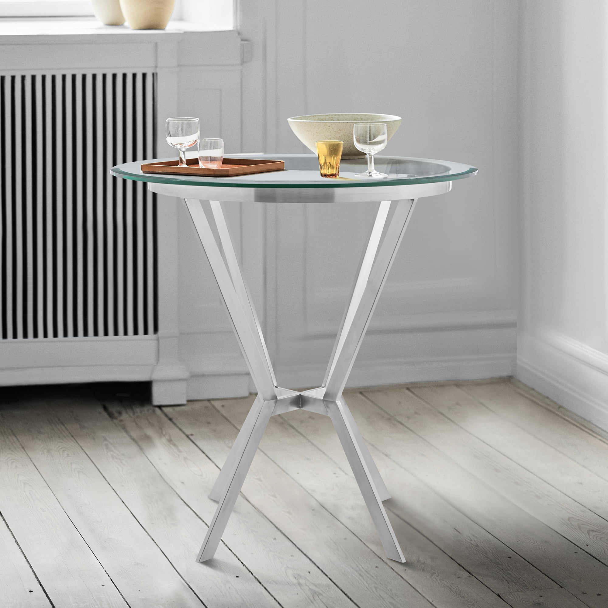 Armen Living Naomi Round Glass and Brushed Stainless Steel Bar Table