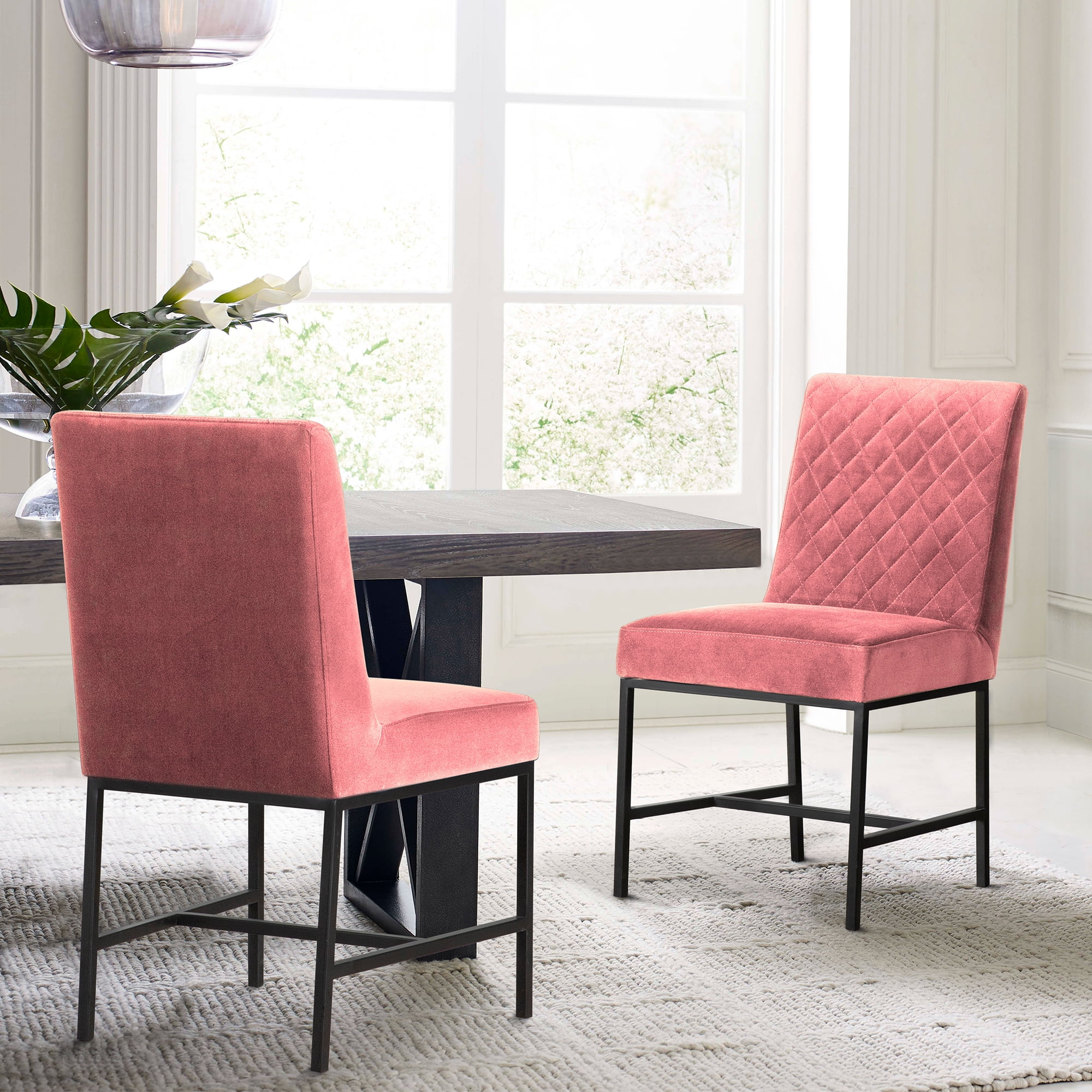Armen Living Napoli Velvet Accent Dining Chair in Pink/Black (Set of 2)