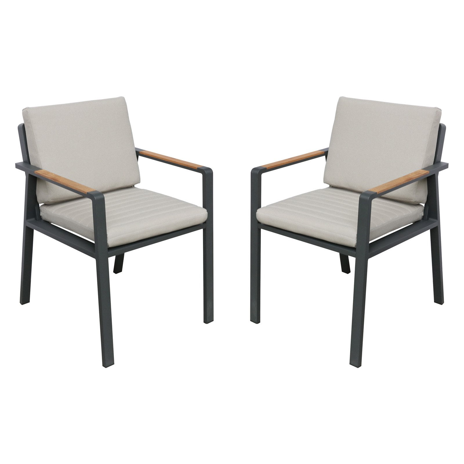Armen Living Nofi Outdoor Patio Dining Chair in Charcoal Finish with Taupe Cushions and Teak Wood Accent Arms  - Set of 2