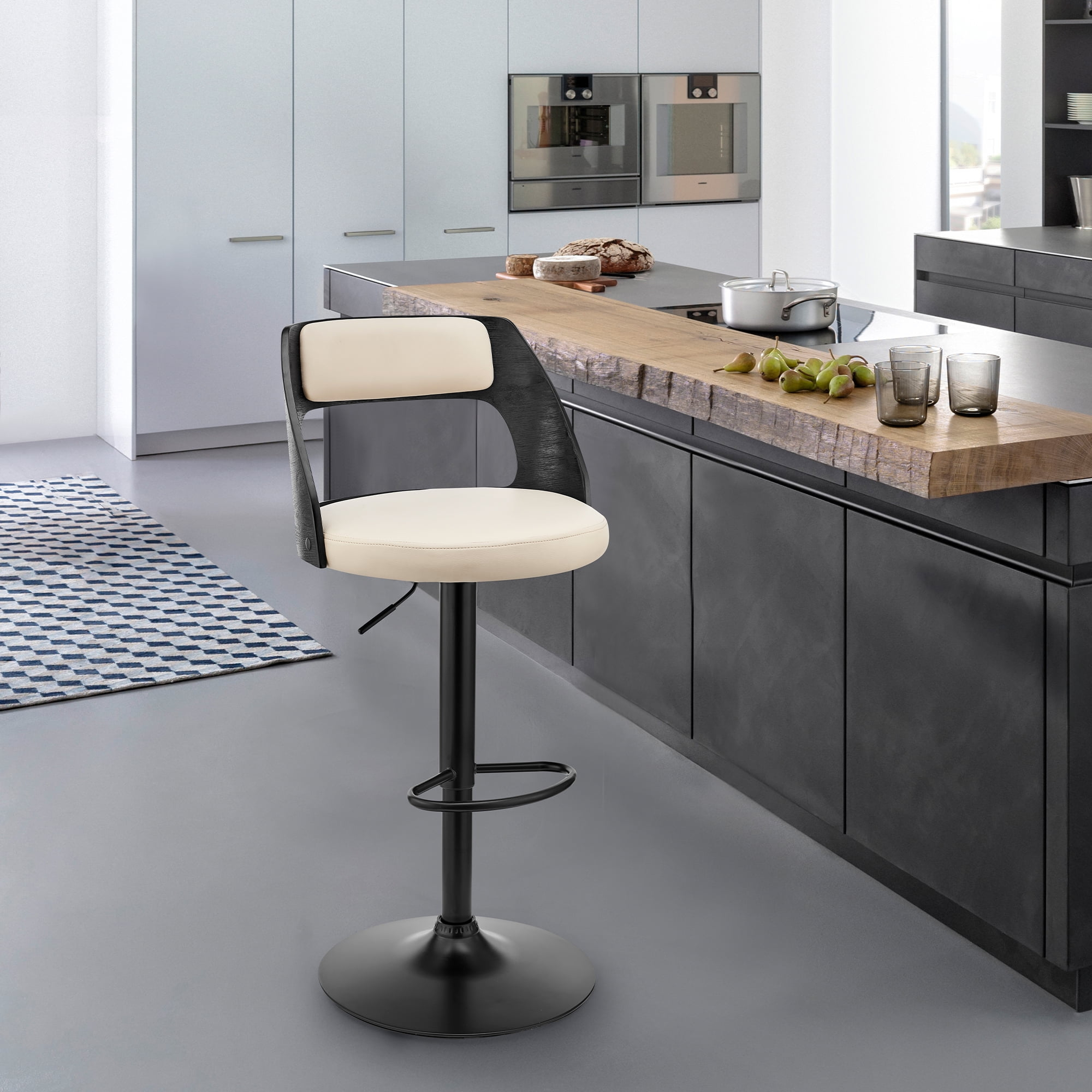 Armen Living Indoor Paris Cream Faux Leather Adjustable Height Swivel Walnut Wood and Chrome Bar Stool