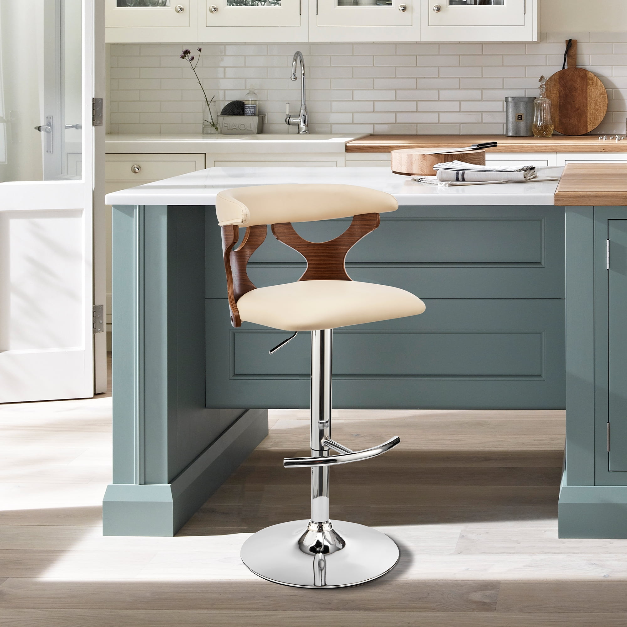 Armen Living Ruth 25 - 33" Faux Leather/Wood Swivel Bar Stool in Cream/Walnut