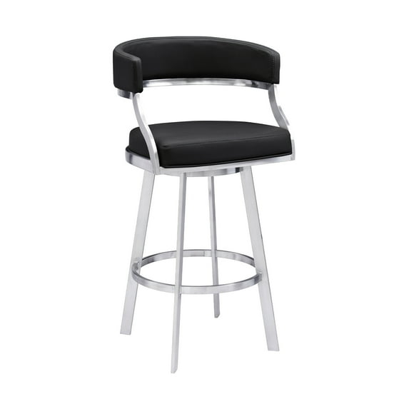 Saturn Modern 30" Seat Height Black Faux Leather and Brushed Stainless Steel Metal Swivel Bar Stool for Kitchen Island Counter