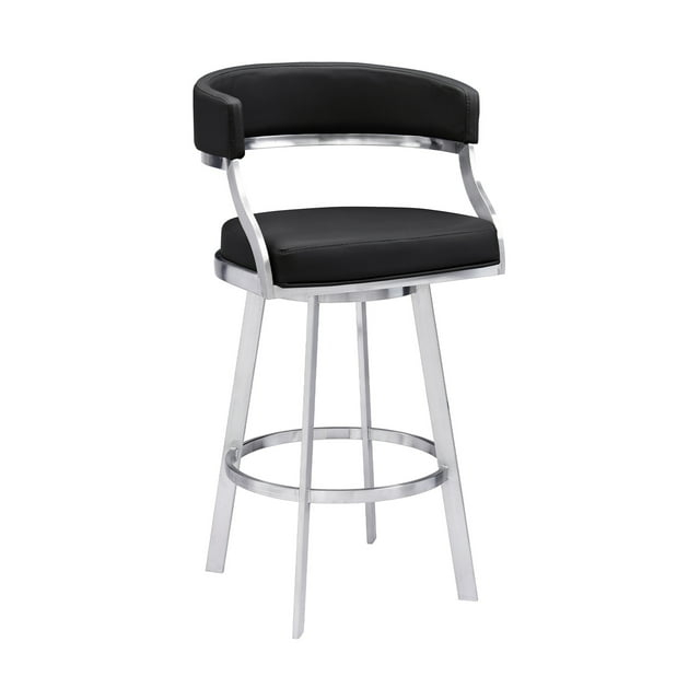 Saturn Modern 30" Seat Height Black Faux Leather and Brushed Stainless Steel Metal Swivel Bar Stool for Kitchen Island Counter