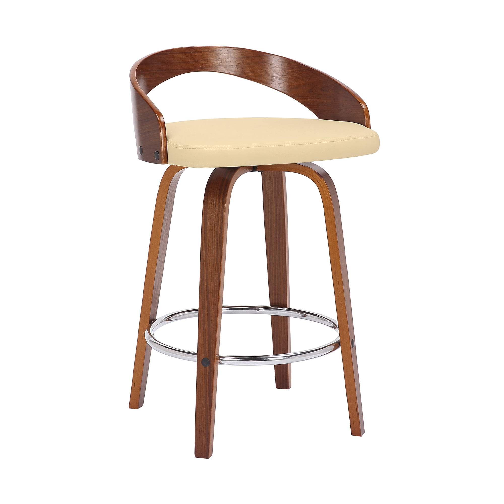Sonia 26 in.  Counter Height Swivel Cream Faux Leather and Walnut Wood Bar Stool
