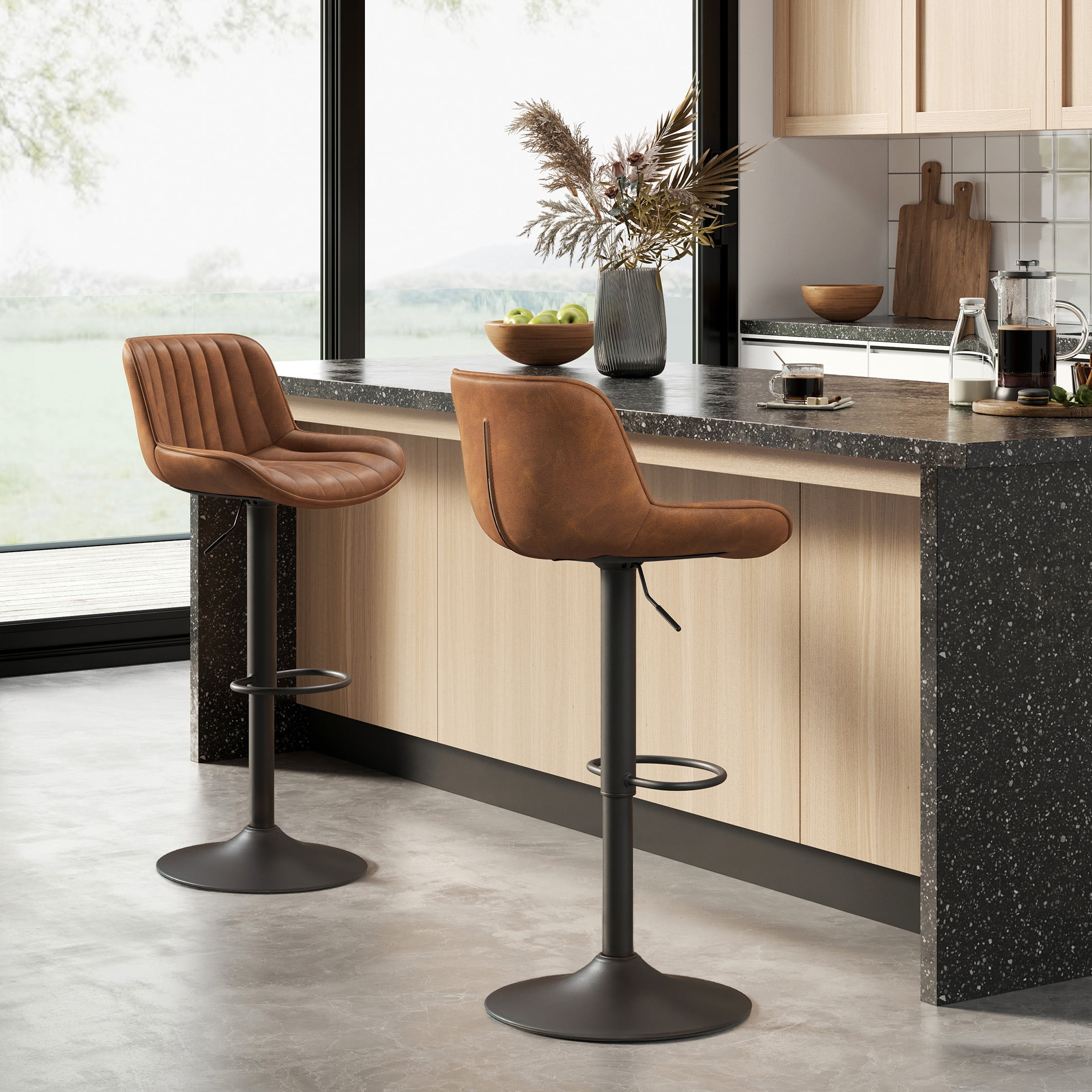 Art Leon Bar Stools Set of 2, PU Leather Swivel Steel Legs,Brown