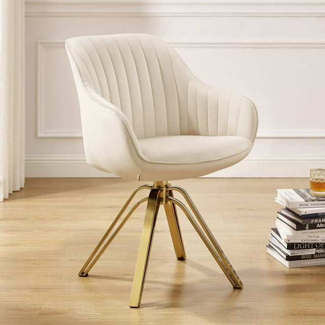 Art Leon Comfortable Velvet Swivel Accent Armchair with Golden Legs, Off White