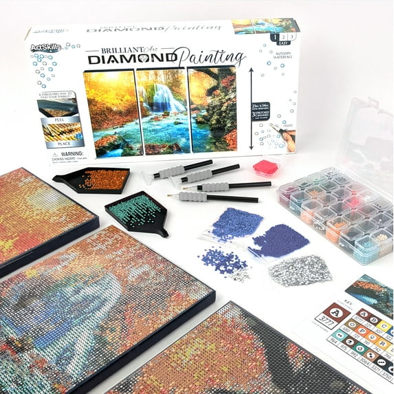 ArtSkills Diamond Painting Kit, Diamond Art Ready to Hang Framed Canvas with Storage and Accessory Kit, Waterfall, 3 Stretched Canvas Panels, 14” x 7” Each