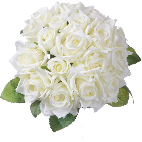 Artificial Flowers Rose Bouquet 2 Fake Flowers Silk Plastic Artificial White Roses 18 Heads Bridal Wedding Bouquet for Home Garden Party Wedding Decoration White