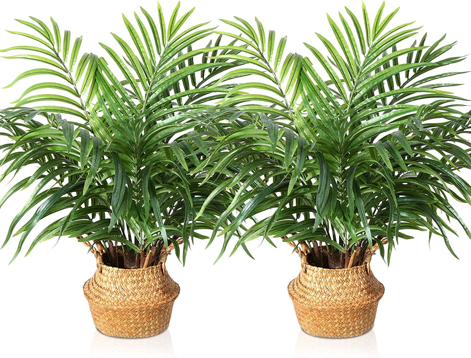 Artificial Palm Tree 28”Fake Potted Areca Palm Plant with Handmade Seagrass Basket, Perfect Faux Tree Home Décor for Indoor Outdoor Office Porch Balcony Bedroom Bathroom Gift,2Pack