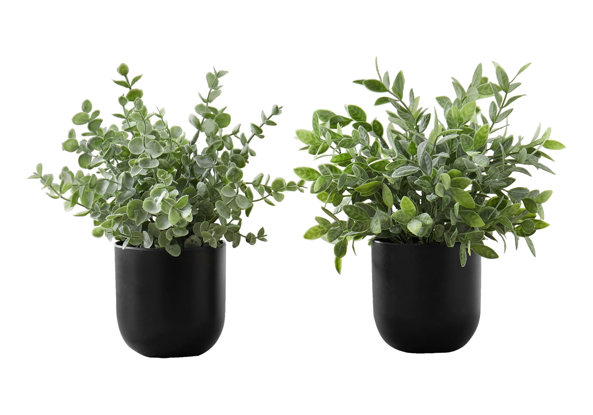 11 in. Decorative Green Leaves Artificial Plant, Black Pots - Set of 2
