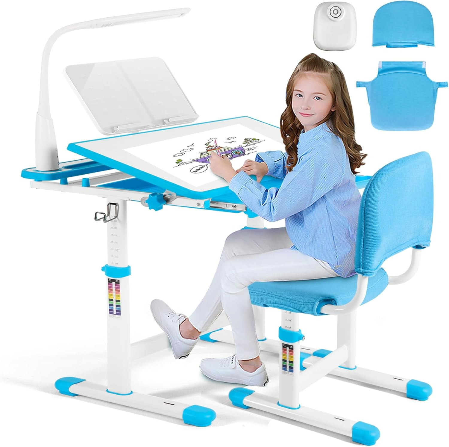 Artist hand Kids Study Table and Chair Set,Adjustable Girls School Writing Study Table,with Large Writing Board LED Pull Out Drawer Pencil Case Bookstand