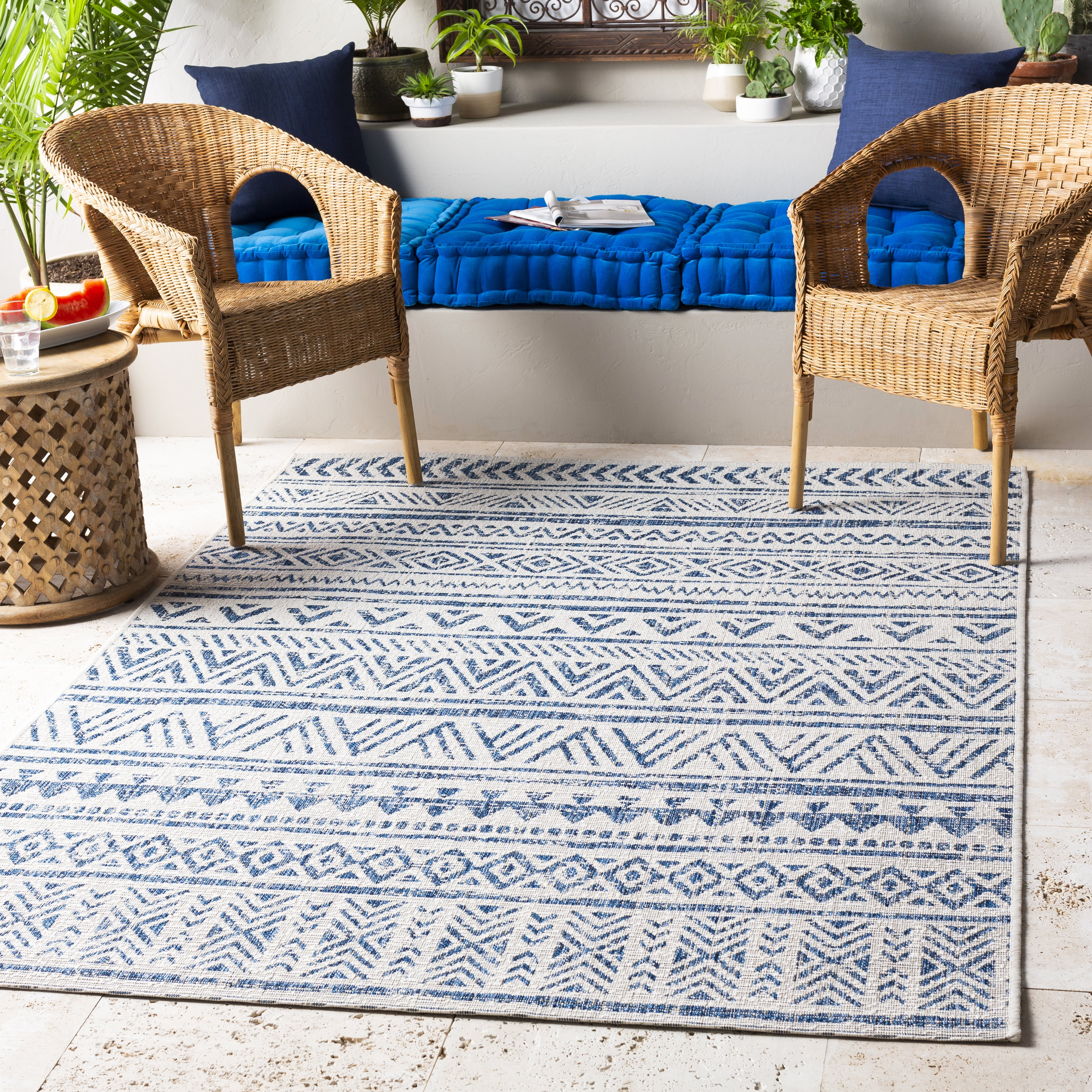 Livabliss Outdoor Rugs, 8x10 Eagean Global Blue Area Rug for Patio, Porch, Deck, Backyard, Waterproof Indoor Outdoor Carpet (7'10" x 10'2")