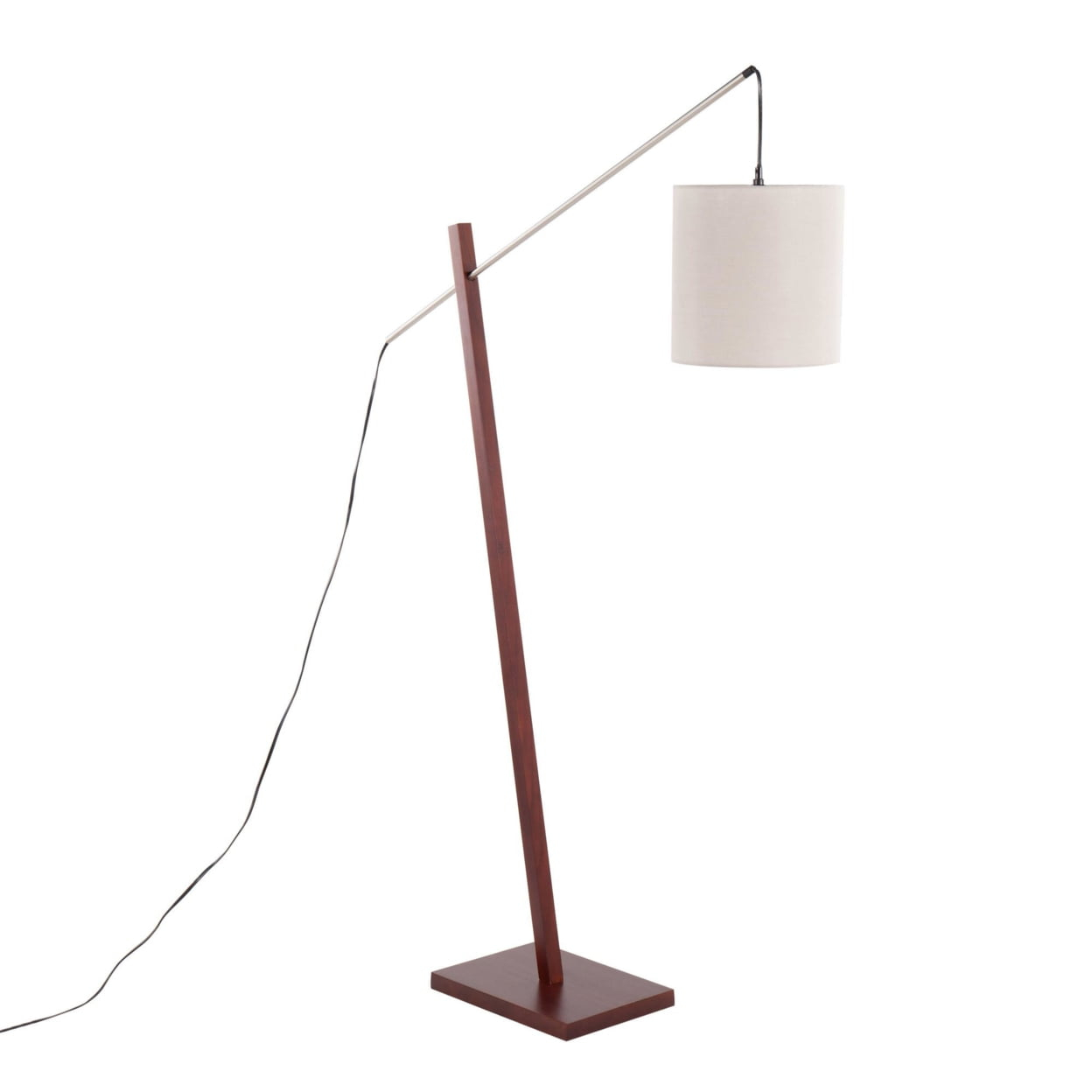 Arturo Contemporary Floor Lamp in Walnut Wood and Satin Nickel with Grey Fabric Shade by LumiSource