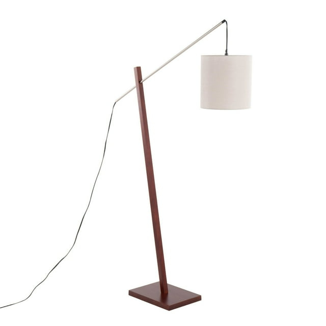 Arturo Contemporary Floor Lamp in Walnut Wood and Satin Nickel with Grey Fabric Shade by LumiSource