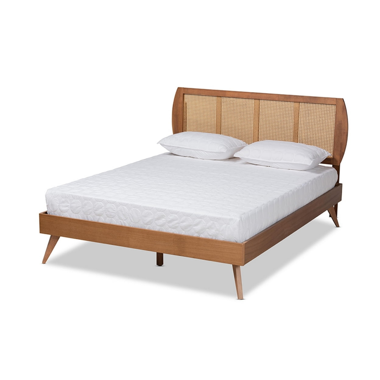 Baxton Studio Asami Mid-Century Modern Walnut Brown Finished Wood and Synthetic Rattan Full Size Platform Bed